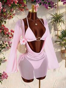 Conjunto de 2 piezas de cubrecuerpo sexy y vanguardista para mujer, adecuado para usar en vacaciones - Conjunto de traje de baño de malla sexy y vanguardista - Burdeos - Ver 10
