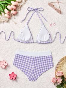 SHEIN MOD 夏季沙滩格子V领露背比基尼套装 - 紫色 - 查看 2