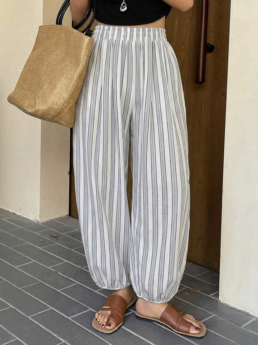 DAZY Pantalones holgados de linterna con estampado de rayas, pantalones de pijama para mujer para el verano - Negro - Ver 1