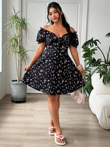 SHEIN EZwear 大码夏季休闲碎花露肩荷叶边连衣裙 - 彩色 - 查看 4