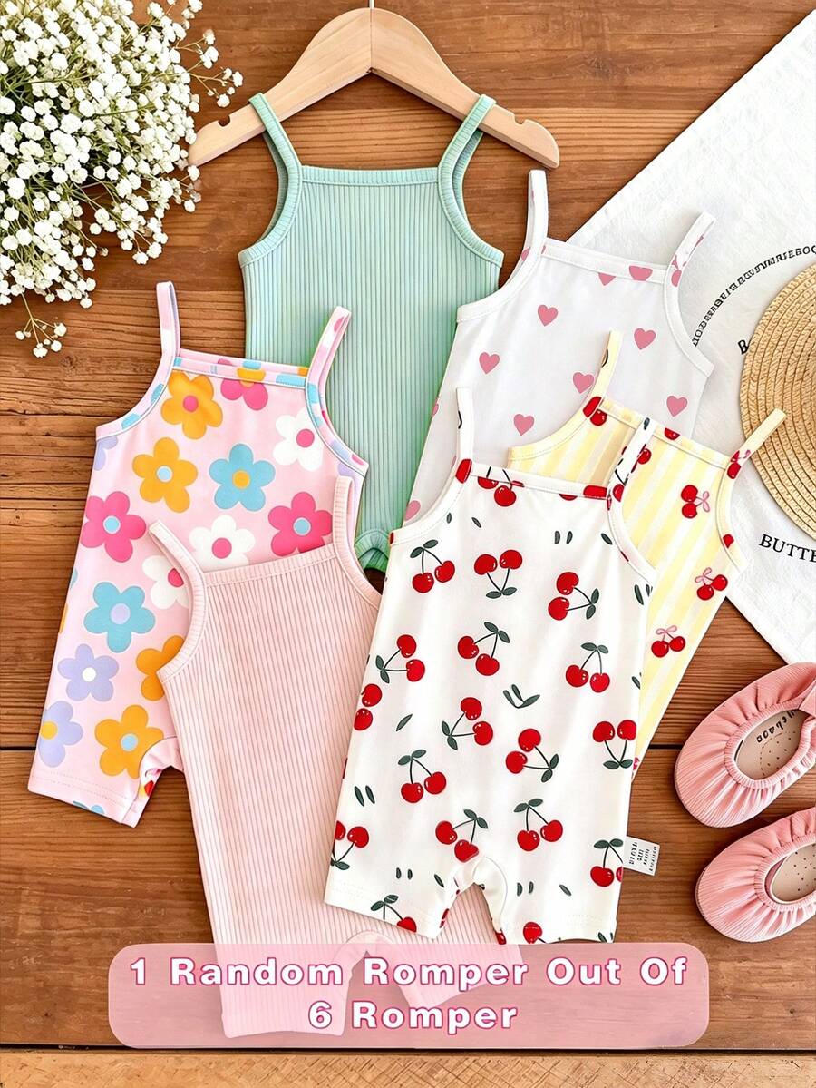 [Random 6pcs,Send 1pc] Baby Girl Cute Summer Strap Romper,Multicolor Cherry Floral Heart Striped Print Pattern,Kawaii Korean Style Family Matching - Multicolor - View 1