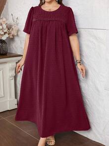Lacomfia Gaun Kasual Minimalis Jacquard Pom Pom Leher Bulat Longgar Lengan Pendek Ukuran Besar, Cocok untuk Musim Semi & Gugur - Burgundy - View 5