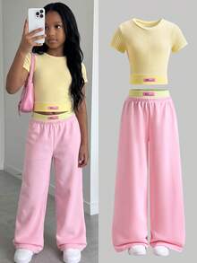 SHEIN Tween Girls' Casual All-Match Versatile Nordic Style Comfortable Knit Sleeveless Cropped Tank Top + Contrast Waistband Sweatpants Set - Multicolor - View 8