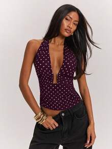 SHEIN BAE Áo nữ chấm bi cổ yếm buộc dây, kiểu dáng thường ngày, đa năng. - Màu Tím - Xem 4