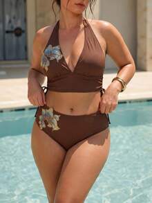 Swim Chiccia Bộ bikini vải gân mới năm 2026, có đệm mút rời, cổ chữ V sâu gợi cảm, dây buộc cổ nơ xinh xắn, dây rút bên hông, quần tam giác cạp cao ôm sát, phụ kiện cao cấp thanh lịch, đồ bơi đi biển thường ngày. - màu nâu - Xem 3