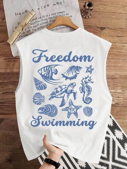 Manfinity Joysei Áo tank top nam cổ tròn dáng rộng họa tiết vỏ sò và chữ cái, thích hợp cho kỳ nghỉ hè.