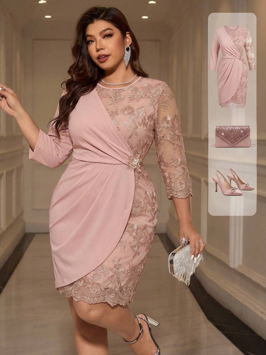 Gownix 大尺碼女款灰粉色提花圓領七分袖抓皺優雅 Eleganza 洋裝，秋季婚禮正式伴娘奢華晚宴賓客禮服