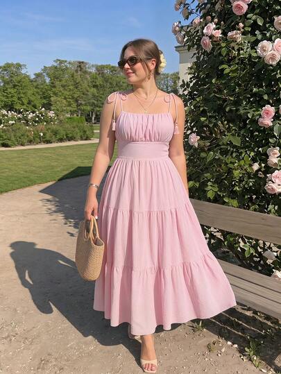 SHEIN MOD Plus Size Women's Pink Casual Vacation Tassel Shoulder Knot Multi-Layer Split Midi Cami Dress, Comfortable, Elegant,Valentine's Day