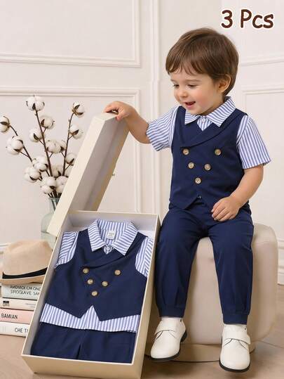 SHEIN Set de 3 piezas para niño pequeño, incluye camisa de manga corta a rayas, chaleco y pantalones, adecuado para eventos elegantes, invitado de boda, paje, portador de anillos, boda, baby shower, bautizo y celebración del 1er cumpleaños