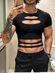 Manfinity Dauomo 男士镂空性感修身T恤 - 黑色 - 查看 1