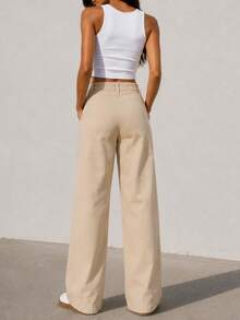 Pantalón gabardina wide leg bolsas parche - Beis - Ver 4