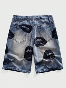ROMWE MEN Lip Print Digital Casual Denim Shorts - Dark Wash - View 2