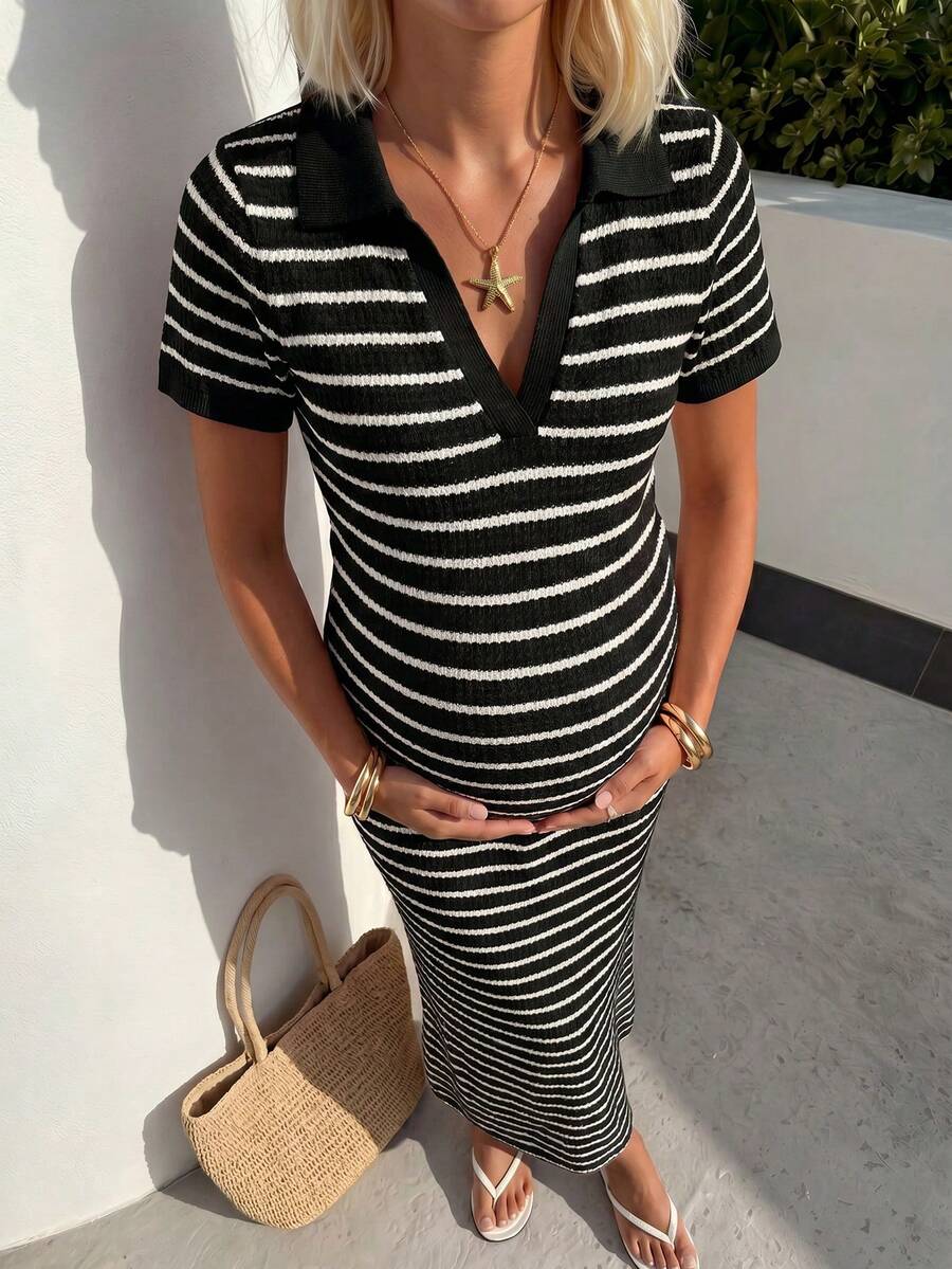 SHEIN Maternity Striped Contrast V-Neck Short Sleeve Casual Vacation Dress World Cup - Black - View 1