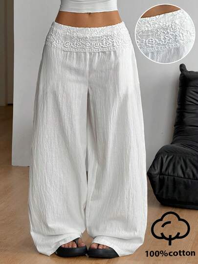 Coolane Women's Summer Country Concert Going Out Beach Outfits Boho Vacation Basic Minimalist Contrast Lace Washed 100%Cotton White Pants Curved Hem Pants