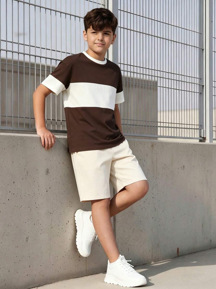 SHEIN Vacaura 青少年男孩休闲酷炫舒适长袖连帽衫和裤子套装 - 彩色 - 查看 1