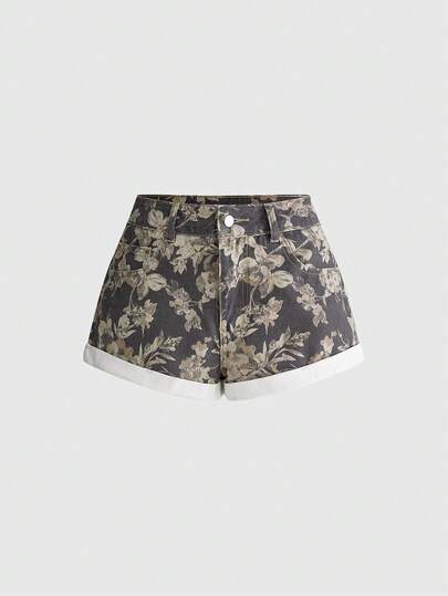 ROMWE Nuevos shorts vaqueros de mujer de verano, de mezclilla azul medio lavada, con estampado floral vintage Y2K, bolsillos laterales, moda casual y cómoda, suave