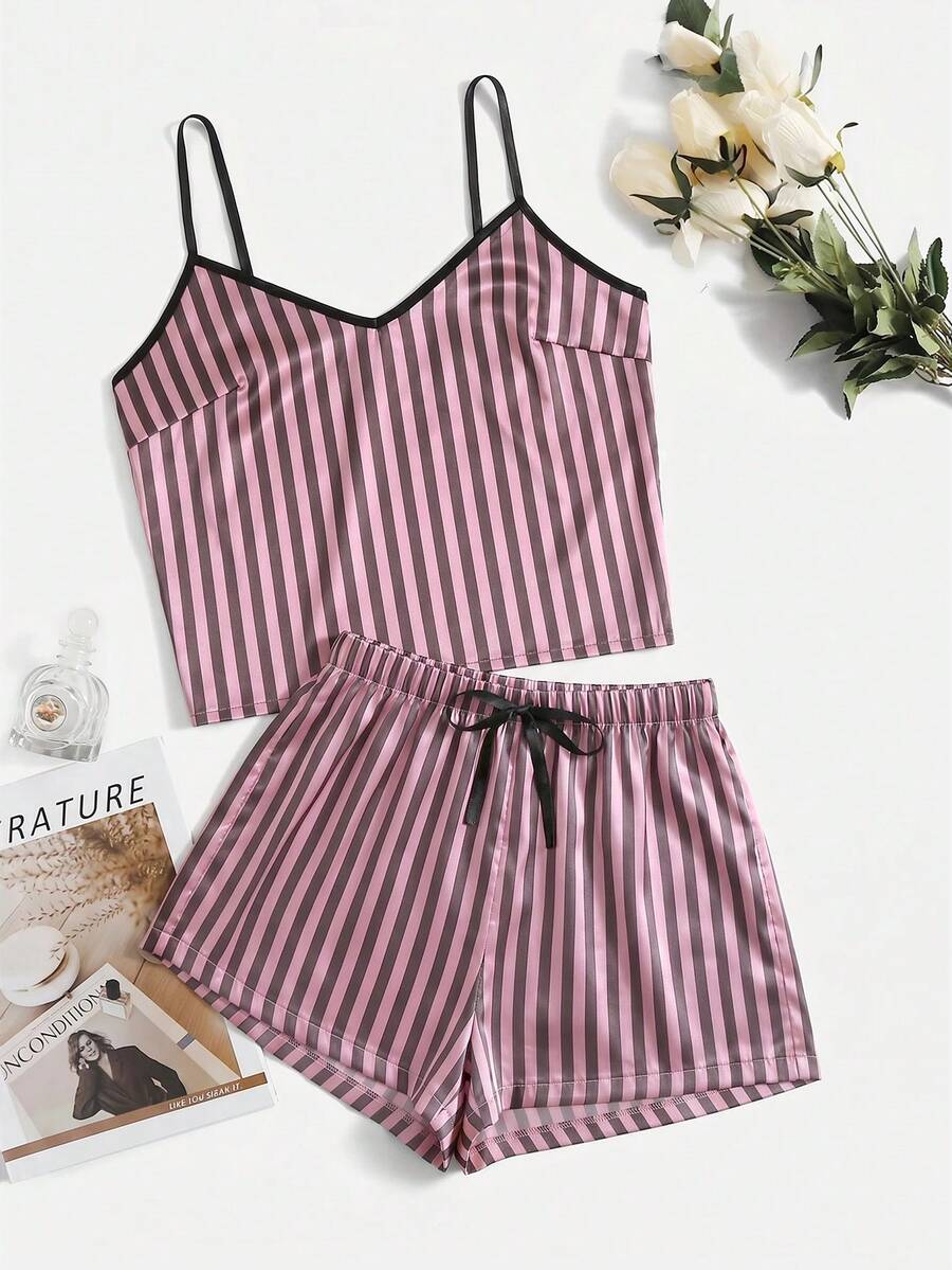 SilkySpell Women's Satin Striped Camisole Top And Bow-Tie Shorts Pajama Set - Brown - View 1