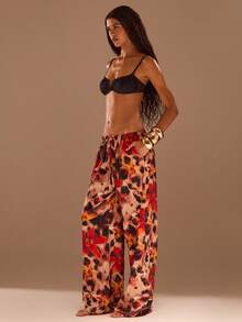 Opulessa Women's Floral Print Drawstring Waist Pockets Casual Pants - Brown - View 6