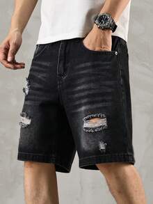 Manfinity EMRG Quần short denim rách rưới phong cách đường phố mùa hè dành cho nam giới cỡ lớn. - màu đen - Xem 3