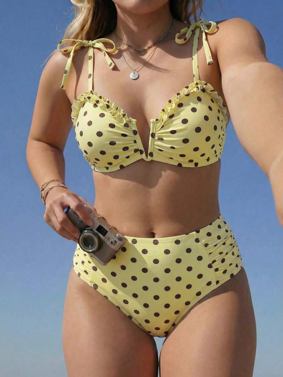 Swim Mod 2026 New Women's Spring/Summer Polka Dot Print Spaghetti Strap Plus Size Swimsuit Set - Multicolor - View 1