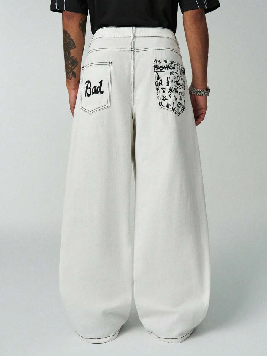 ÉpureWay Quần jeans ống rộng dáng suông, in hình nốt nhạc cổ điển và chữ "Bad" theo phong cách graffiti, kiểu dáng đường phố thường ngày. - trắng - Xem 1