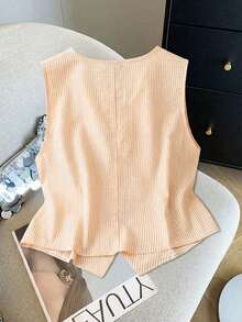 SHEIN LUNE Damen Große Größen Gestreifte V-Ausschnitt Einreiher Baumwollweste, Orange Sommer Smart Casual Alltag Bohemian Knopfhemd, Elegant Ärmellos - Gelb - Übersicht 2