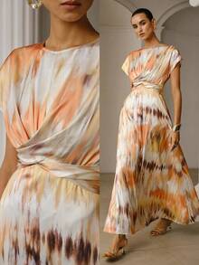 ZEYLAH Đầm maxi in họa tiết tay xòe thắt nút - trái cam - Xem 8
