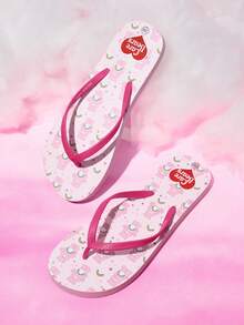 SHEIN X Care Bears 女款可愛卡通夾腳拖鞋 夏季穿著 卡通彩虹印花 防滑 度假沙灘涼鞋 - 淺粉色 - 查看 2