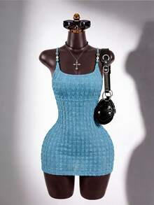 SaltGleam SaltGleam Vestido mini ajustado y con textura de unicolor y espalda descubierta para mujer - Azul - Ver 4