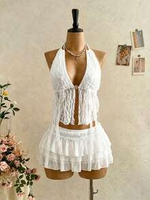 Mistrie Camiseta de mujer de unicolor con diseño de cinta, cuello halter abierto y sexy con abertura lateral - Blanco - Ver 8