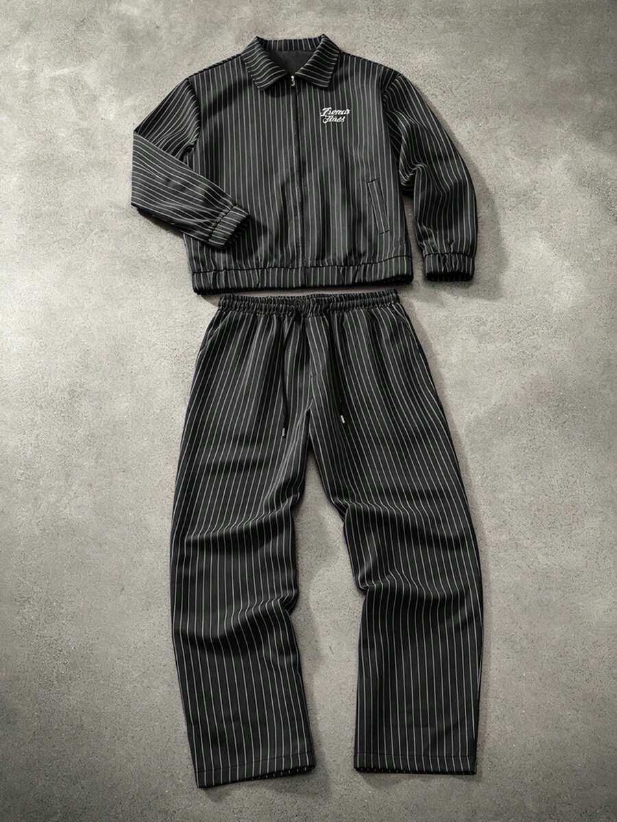 STYNVO Setelan Kasual Pria Berbahan Jaket dan Celana Motif Garis-garis dengan Resleting - Dark Grey - View 1