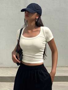 DAZY Solid Slim-Fit Short Sleeve Ribbed T-Shirt With Round Neck,Crop Tops Women - Beige - View 2