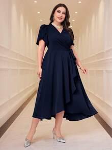 Modelyn Plus Size Women V-Neck Floral Petal Short Sleeve Side Knot Elegant Dress - Navy Blue - View 6