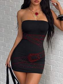 Jeanoix Women's Fashion Rhinestone Sexy Strapless Dress - Black - View 4