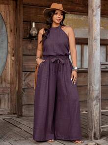 Nubod Conjunto de 2 piezas de top halter con efecto de mezclilla + pantalones de pierna ancha en talla grande - Rojo violeta - Ver 6