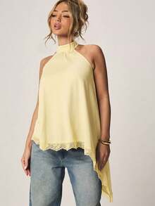 MISSGUIDED Halter Neck Asymmetric Lace Trim Top With Open Back Design For Summer Spring - Yellow - View 6