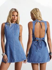 Jeanoix Đầm denim hở lưng đa năng thời trang dành cho nữ - Rửa nhẹ - Xem 1