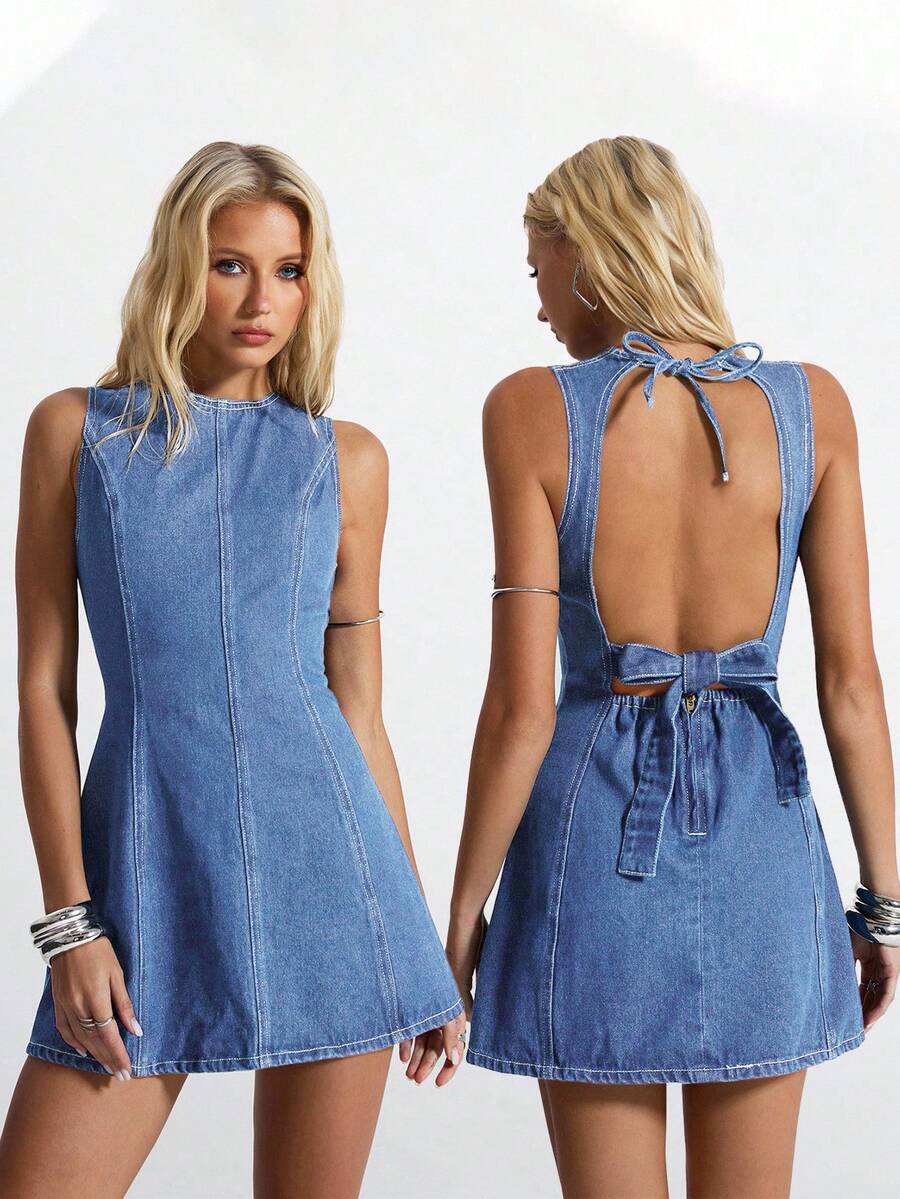 Jeanoix Đầm denim hở lưng đa năng thời trang dành cho nữ - Rửa nhẹ - Xem 1