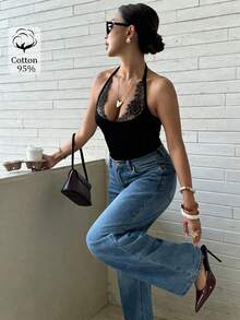 Cévolie 女款夏季新品純棉舒適性感修身蕾絲掛脖背心上衣 - 黑色 - 查看 6