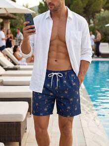 Naviga Onda Men's Drawstring Waist All-Over Print Casual Beach Shorts - Blue - View 4