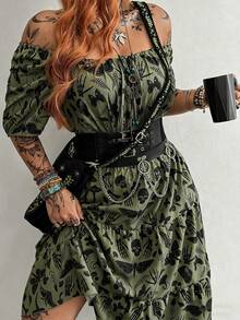 Whyspr Y2K Gothic Butterfly & Skull Print Plus Size Waist Cinched A-Line Ruffle Hem Short Sleeve Dress - Army Green - View 7