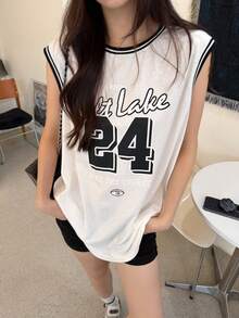 DAZY Áo tank top dáng rộng in chữ và số phong cách đường phố dành cho nữ - trắng - Xem 3