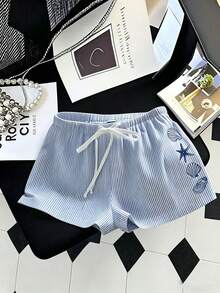 Trelyra Quần short nữ dáng rộng, cạp chun, kẻ sọc, kiểu dáng thường ngày. - Màu xanh lam - Xem 5
