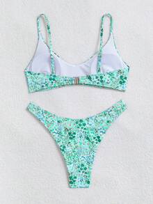 Swim Mod 2pcs/Set Set Bikini Wanita Motif Bunga Acak Warna-warni Lucu untuk Liburan Pantai Musim Panas - Hijau - View 2