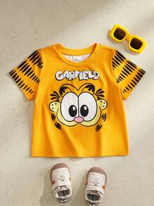 GARFIELD | SHEIN Young Boy Striped Contrast Color Round Neck Short Sleeve T-Shirt, - Yellow - View 3