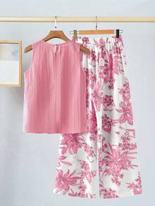 SHEIN Clasi 女士圆领无袖宽松褶皱蓝色印花阔腿裤套装，优雅百搭，适合日常穿着、度假和春夏穿着。 - 玫紅色 - 查看 8