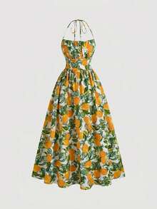 Skyraze Backless Bow-Tie Lemon Print Dress - Multicolor - View 3