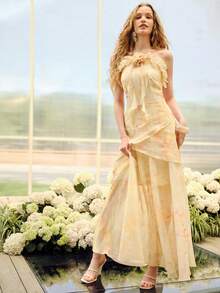 MOTF PREMIUM Vestido feminino de chiffon com estampa floral tie-dye, decote nas costas e amarração frontal. - Luz amarela - Ver 5