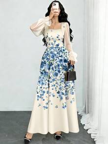 Modelyn 蓝色碎花浅杏色连衣裙，女士时尚方领灯笼袖设计连衣裙，夏季收腰长款优雅连衣裙，适合夏季度假和日常穿着 - 彩色 - 查看 1