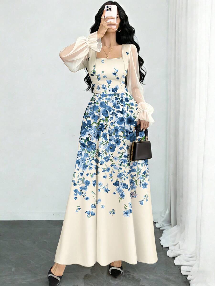 Modelyn 蓝色碎花浅杏色连衣裙,女士时尚方领灯笼袖设计连衣裙,夏季收腰长款优雅连衣裙,适合夏季度假和日常穿着 - 彩色 - 查看 1